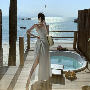 Seaside Holiday Dress 2024 New Summer Slanted Shoulder Sling Temperament Slim Skinny Dress
